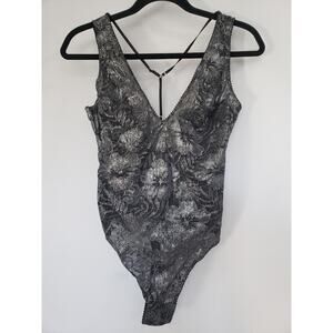 NEW Victoria’s Secret Black Lace‎ w/ Metallic Sheen V Neck Bodysuit Medium